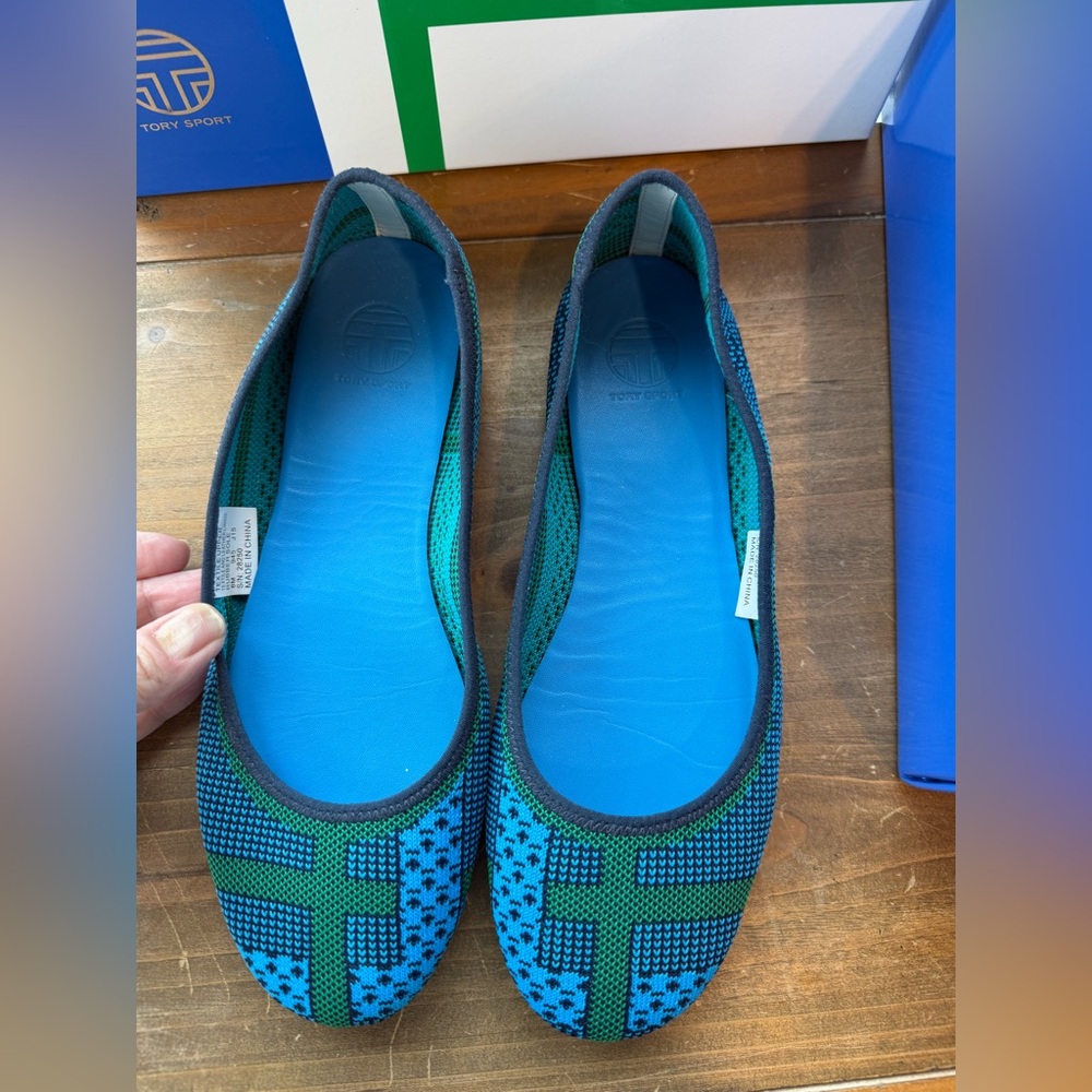 TORY SPORT plaid knot Foldable Knit Ballet Flat Navy/Clear Skies/Sport Green 8 - Picture 2 of 9